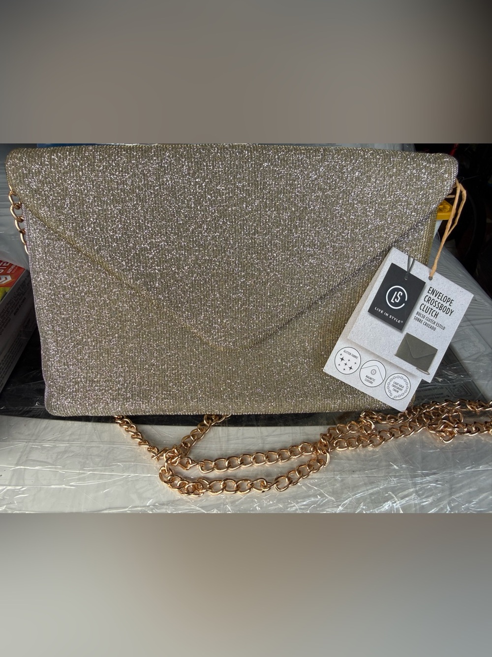 Gold Sparkle Envelope Clutch with Chain Strap